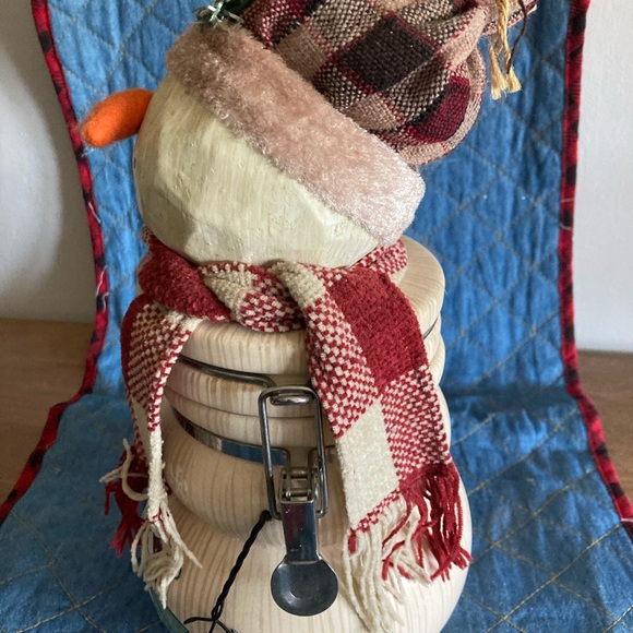 Snowman Cookie Jar Knit Scarf Clamp Top Lid Christmas Decor. Cute! - Picture 3 of 8